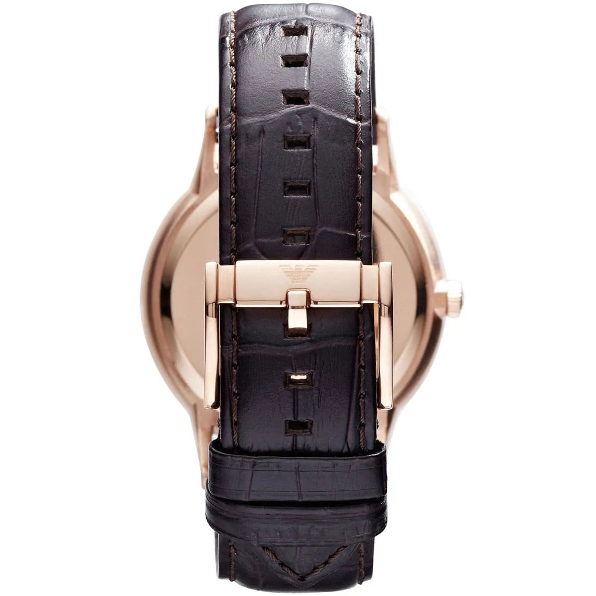 Emporio Armani AR9101 caseback showing brown crocodile-textured leather strap and rose gold case