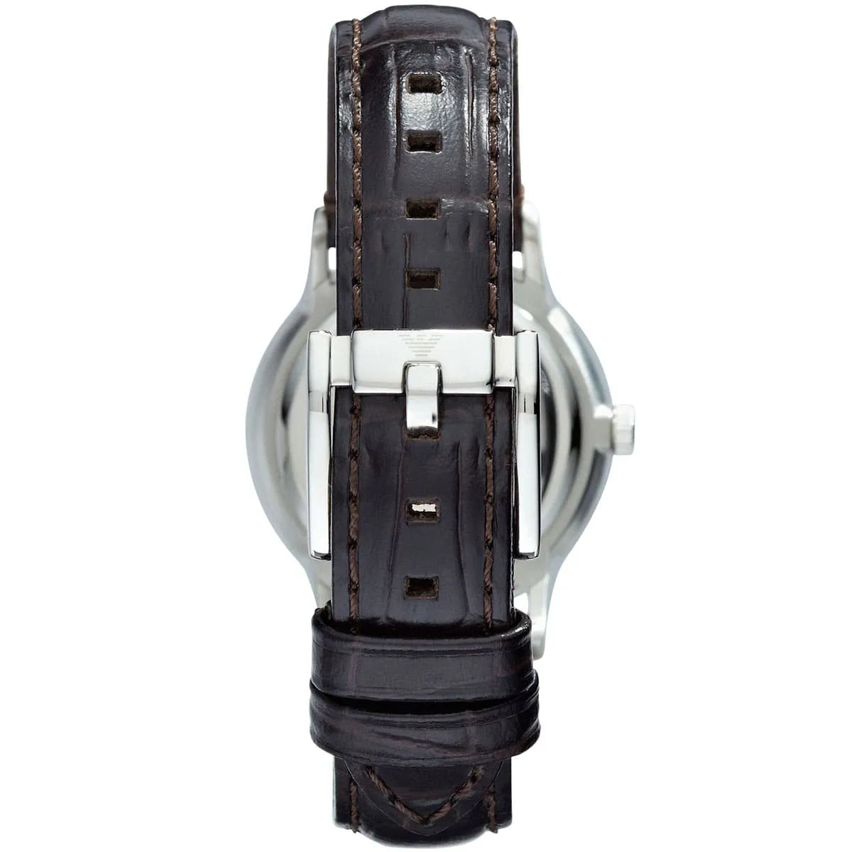 Caseback view of AR9106L showing silver stainless steel case and brown leather strap