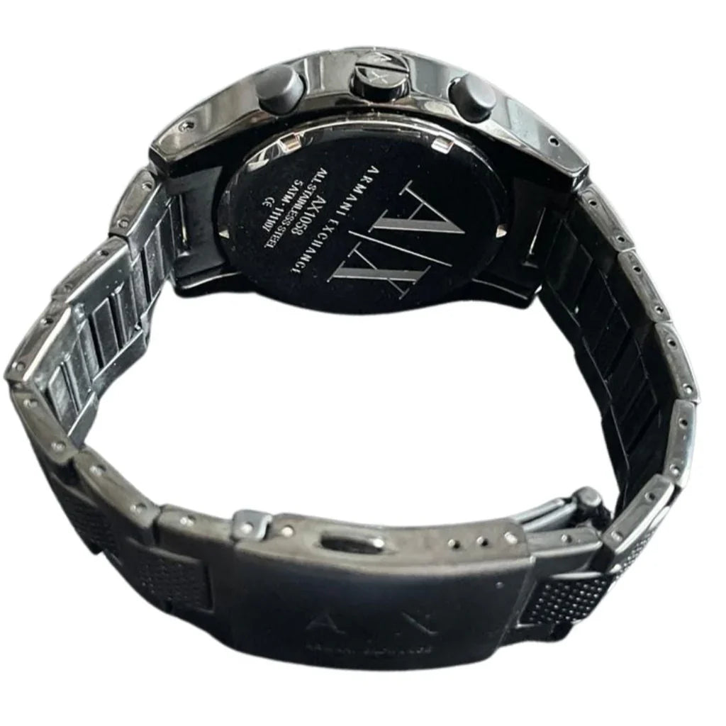 Caseback of Armani Exchange AX1058 watch showing engraved branding and movement details