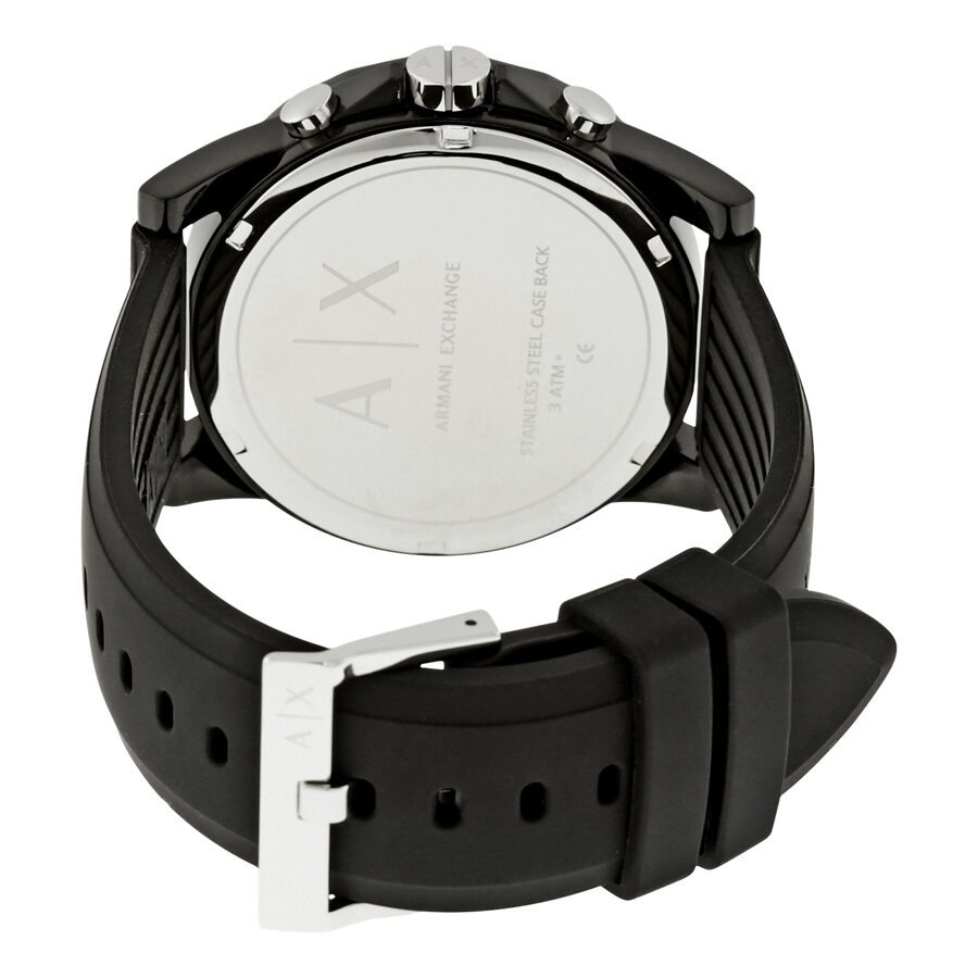 Armani Exchange AX1326 watch caseback showing engraved branding and white rubber strap