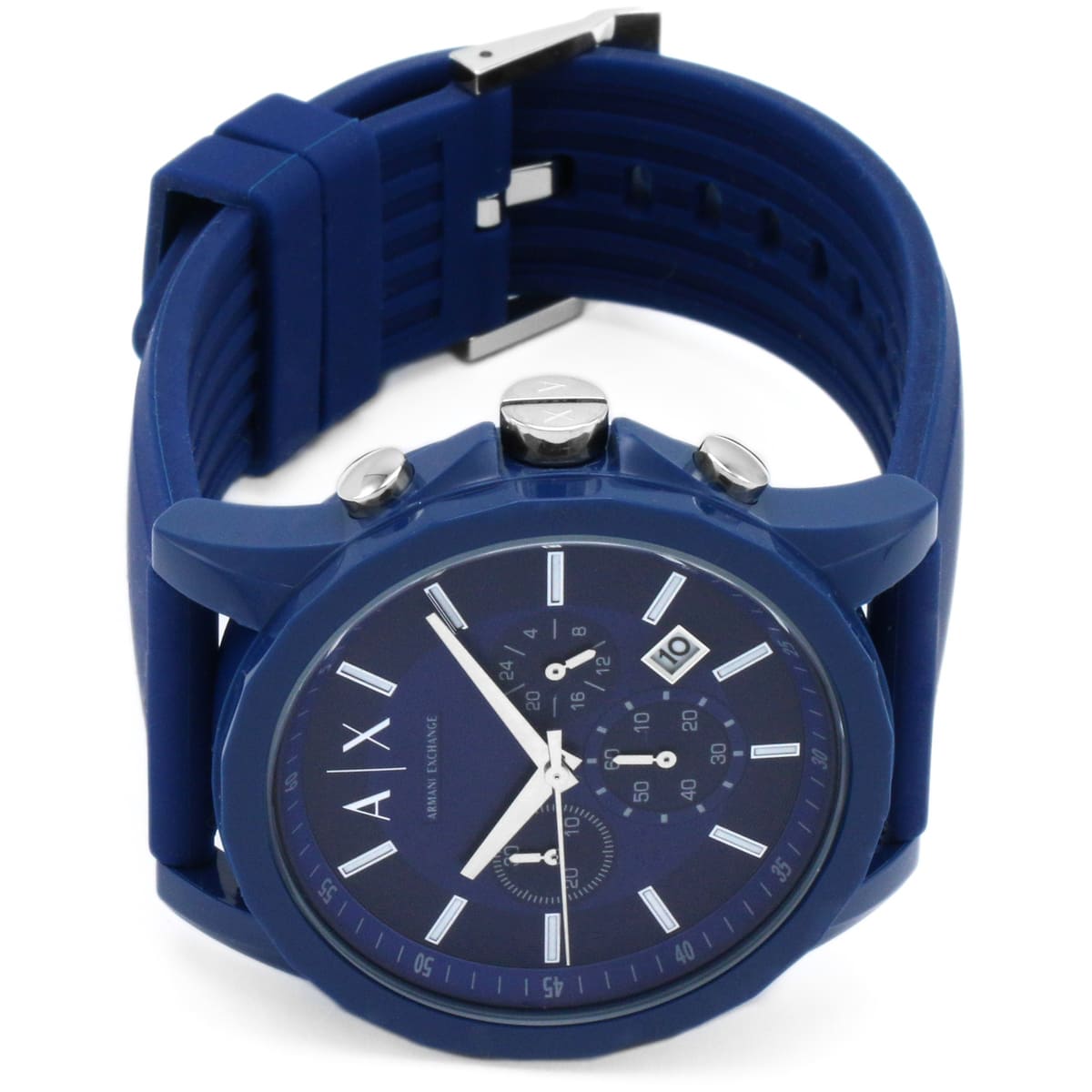 Armani Exchange AX1327 watch with blue silicone strap displayed at angle