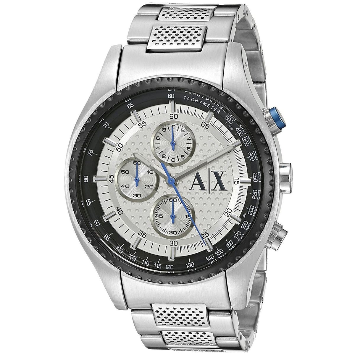 Armani Exchange AX1602 watch angled view showing silver case and mesh bracelet
