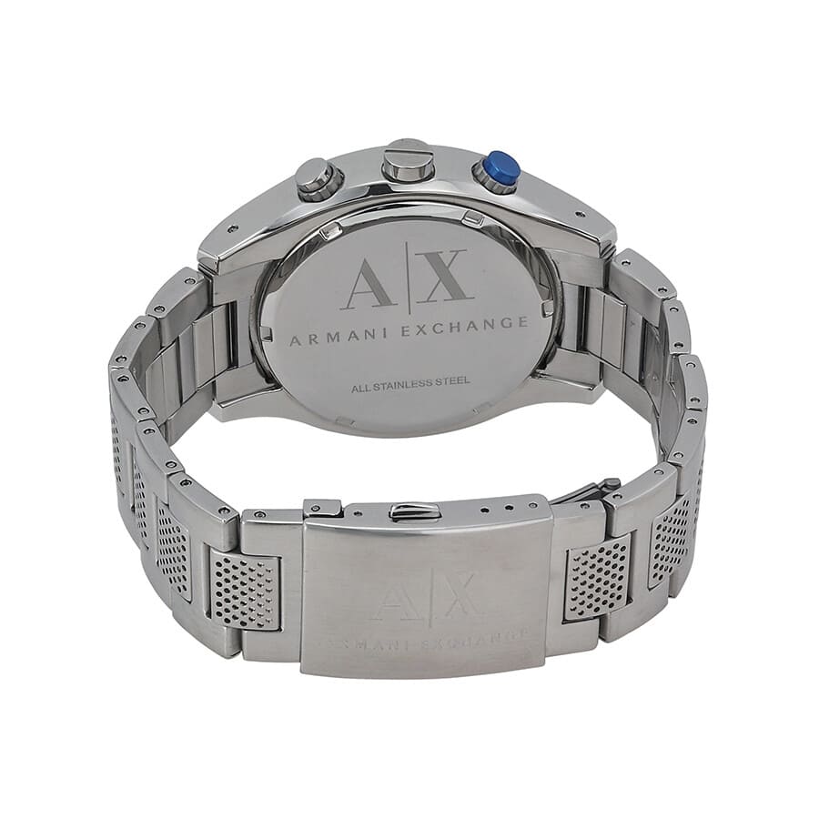 Armani Exchange watch caseback displaying engraved logo and metal bracelet