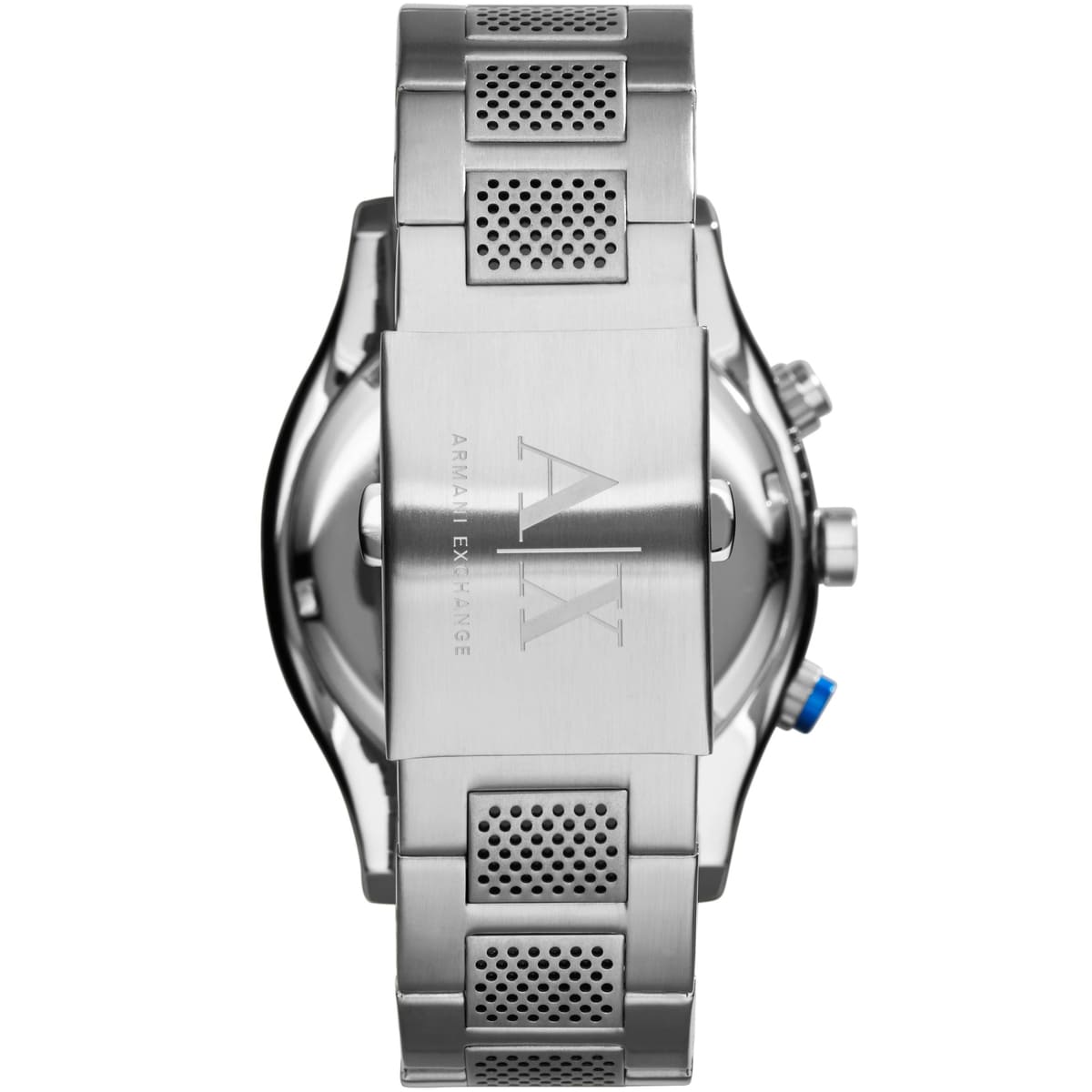AX1602 caseback showing Armani Exchange branding and stainless steel construction