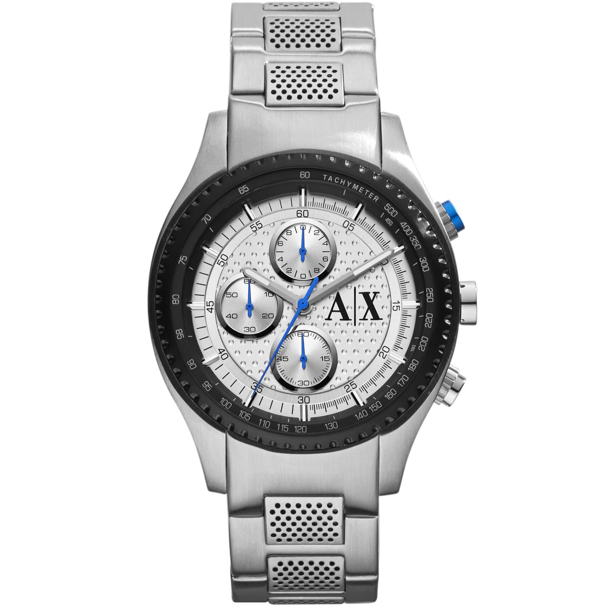 AX1602 chronograph watch front view with three subdials and blue hands