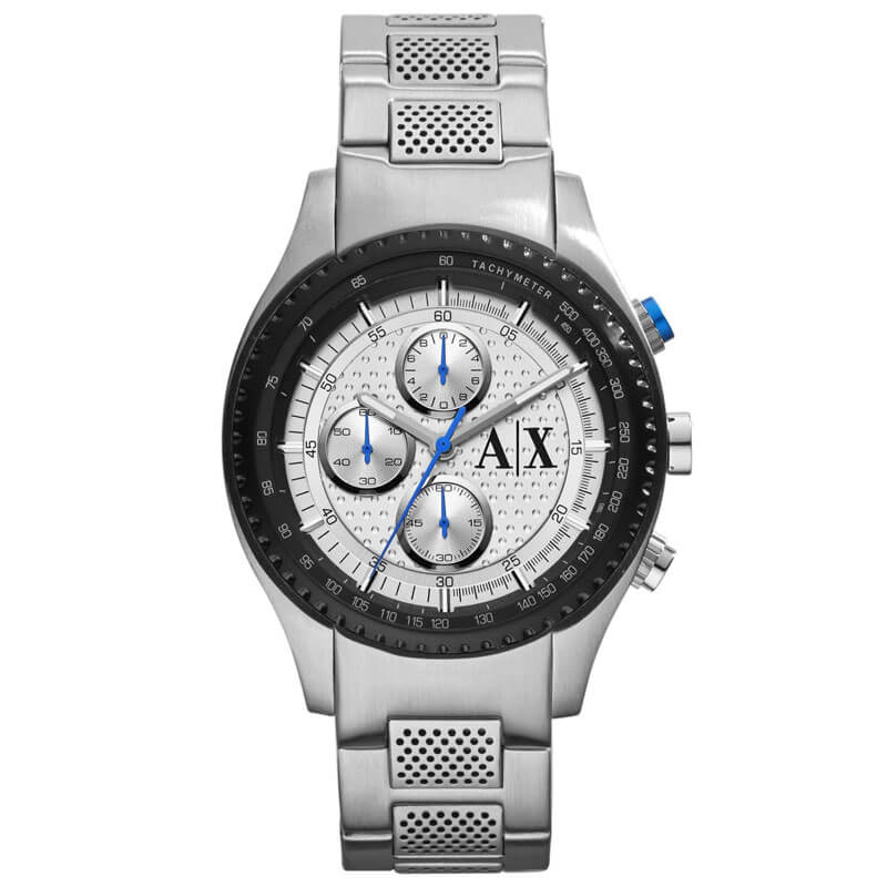 Armani Exchange AX1602 men's chronograph watch with silver dial and stainless steel bracelet