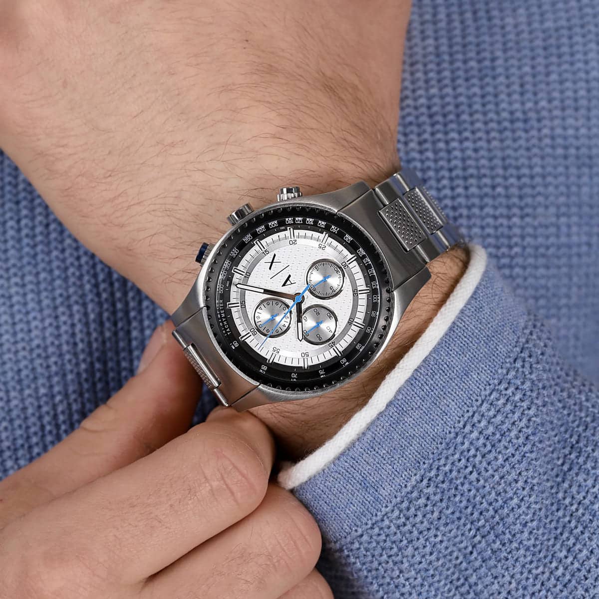 Armani Exchange AX1602 watch on wrist with silver dial and subdials visible