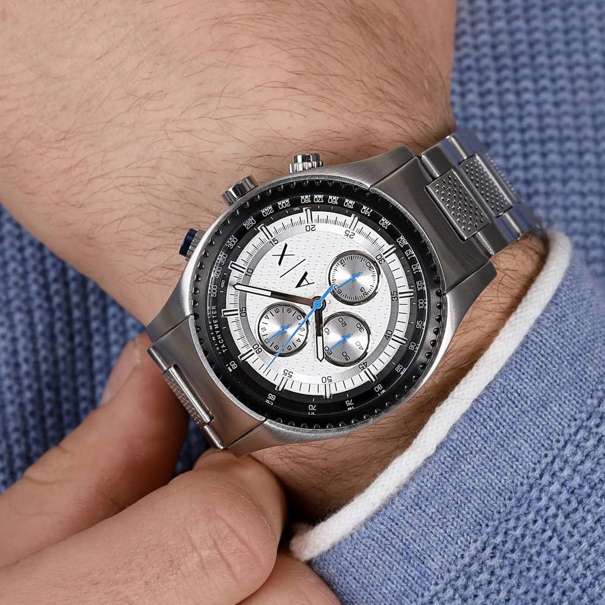 AX1602 chronograph watch worn on wrist showing dial and bracelet fit