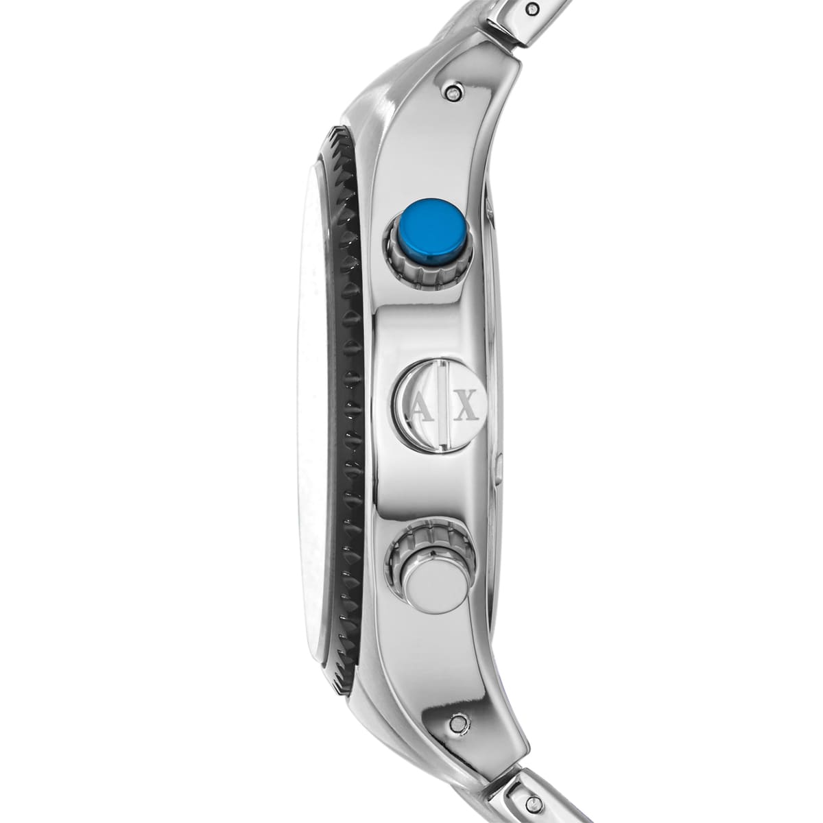 Armani Exchange AX1602 side view displaying blue crown and case thickness
