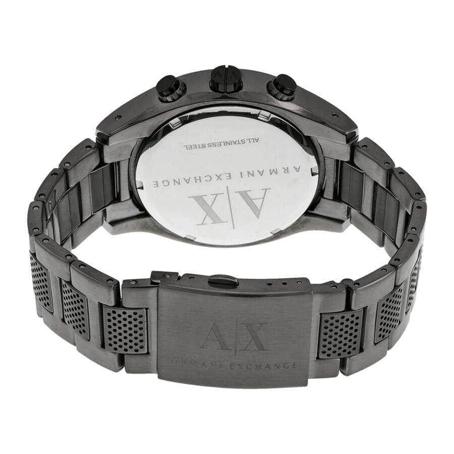 Caseback view of AX1606 Hampton with Armani Exchange and Chronograph Exchange text engraving