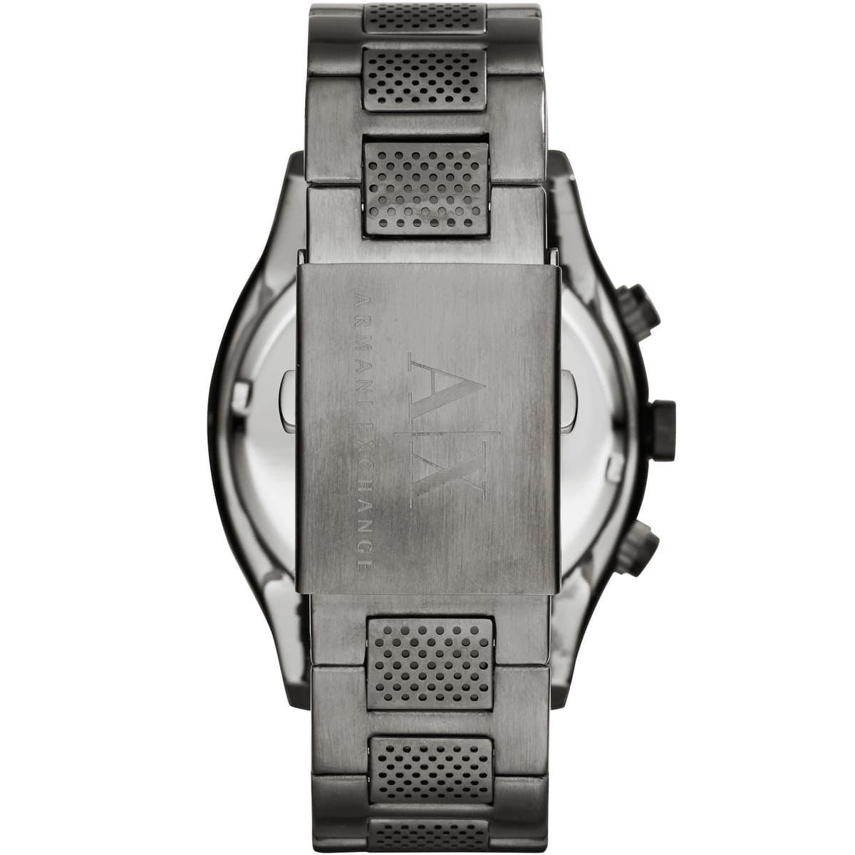 Armani Exchange AX1606 caseback showing Armani Exchange branding on stainless steel
