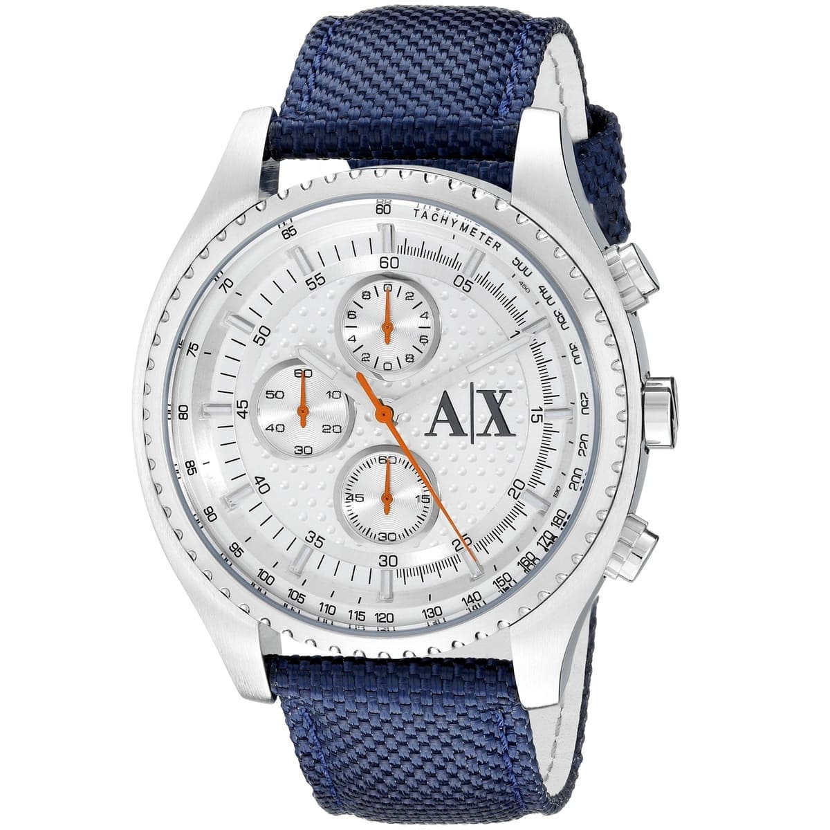 AX1609 chronograph watch angled view showing silver case and blue textile strap
