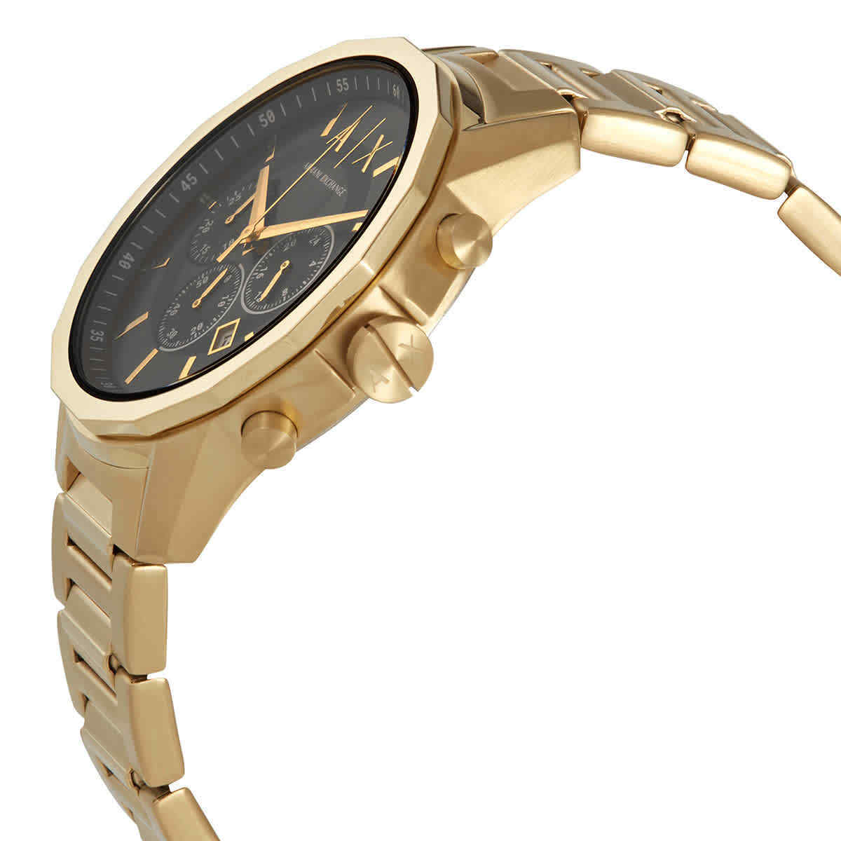 Armani Exchange AX1721 side view showing gold case and bracelet with grey dial