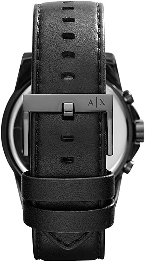 Caseback view of Armani Exchange AX1724 watch showing black leather strap detail