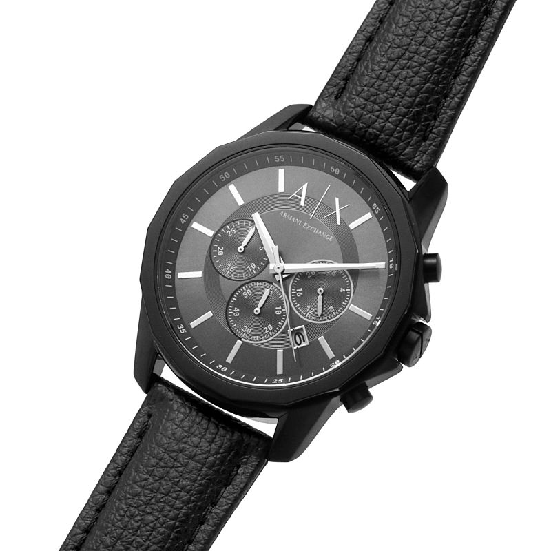 Armani Exchange AX1724 chronograph watch on angled view showing black leather strap