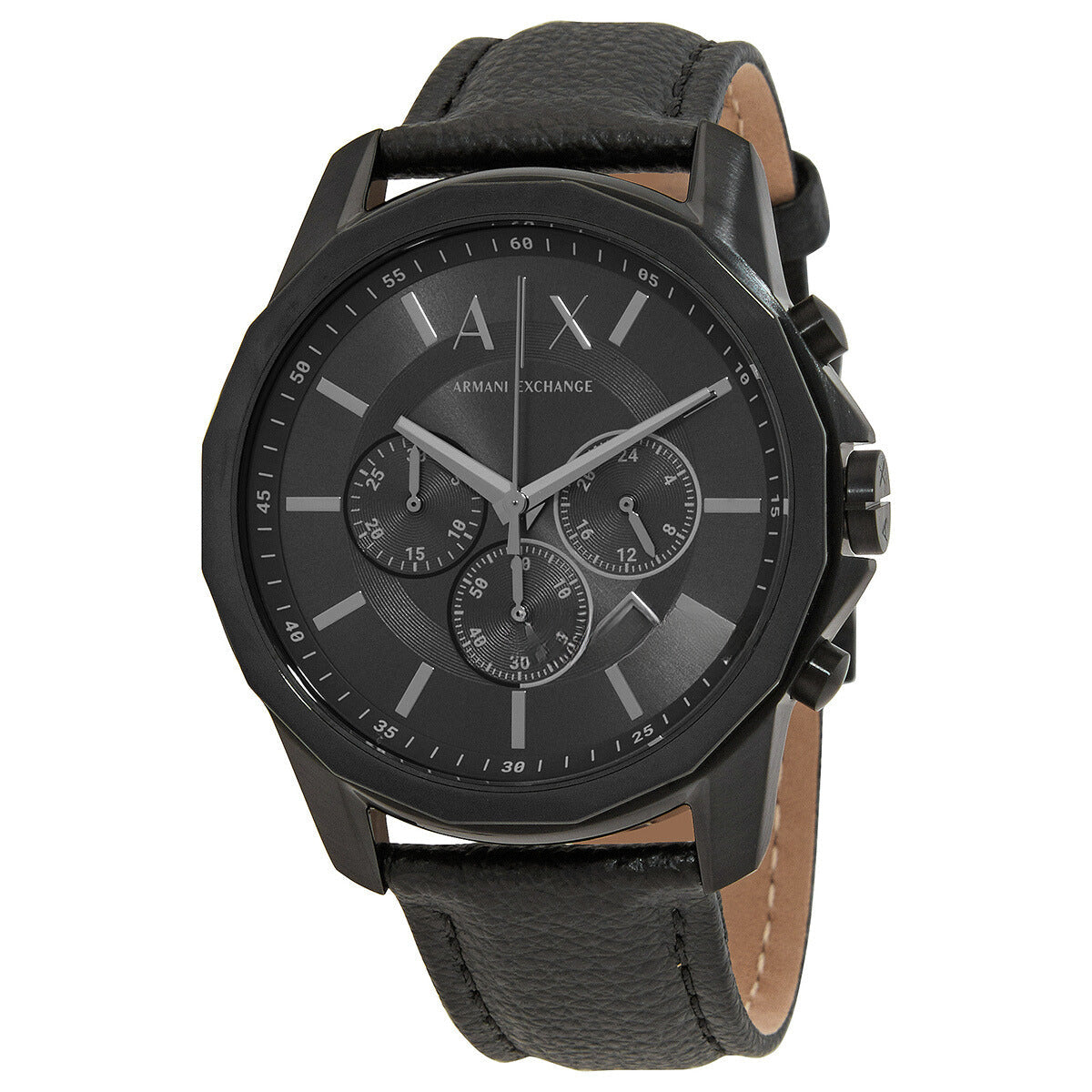 Armani Exchange AX1724 chronograph quartz watch with black dial and leather strap
