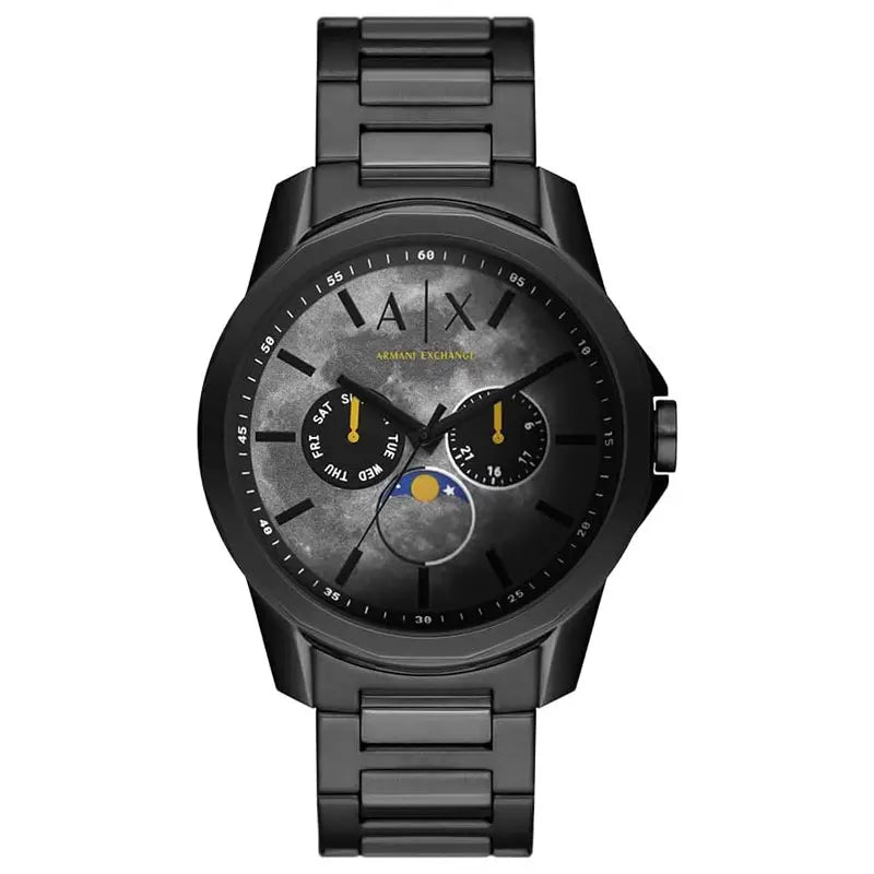 Armani Exchange AX1738 black moonphase watch with dual chronograph subdials and gold accents