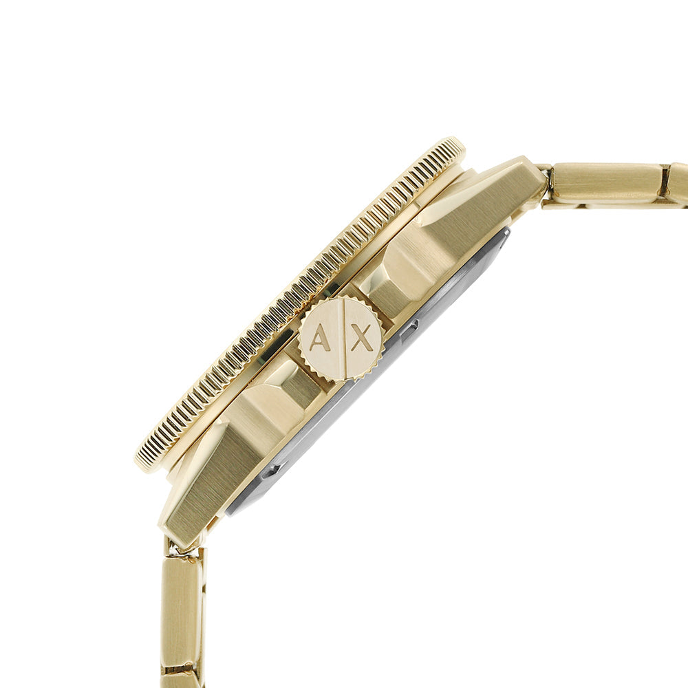 Armani Exchange Leonardo watch side view showing case thickness and crown
