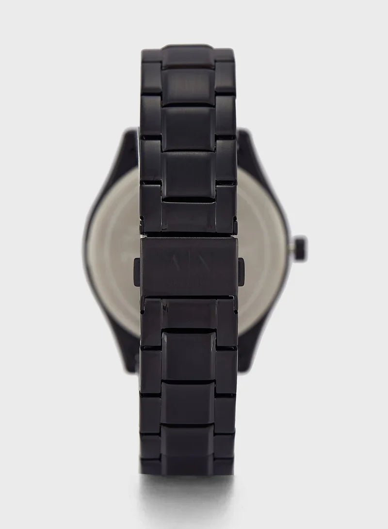 Back view of Armani Exchange Dante watch showing all-black stainless steel bracelet