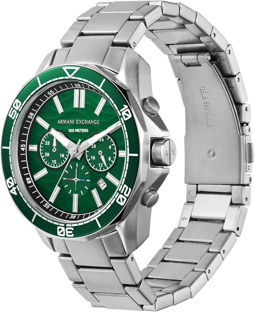 Armani Exchange AX1957 diver watch showing green dial, case, and metal bracelet profile