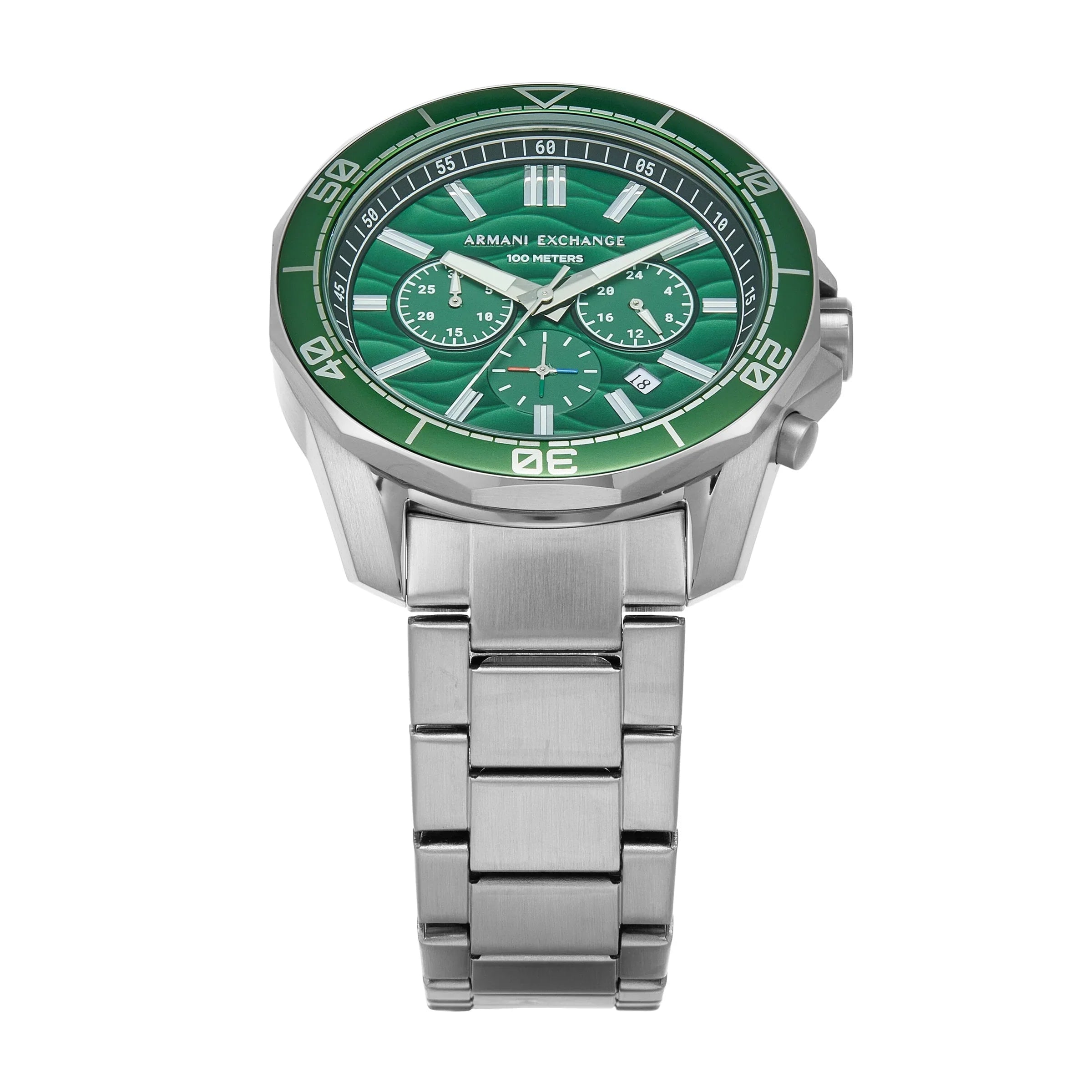 AX1957 green dial chronograph with silver stainless steel bracelet viewed from angle