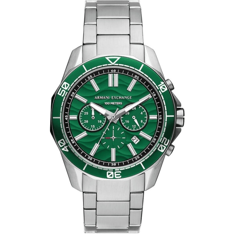 Armani Exchange AX1957 diver watch with green dial, silver bezel, and chronograph subdials