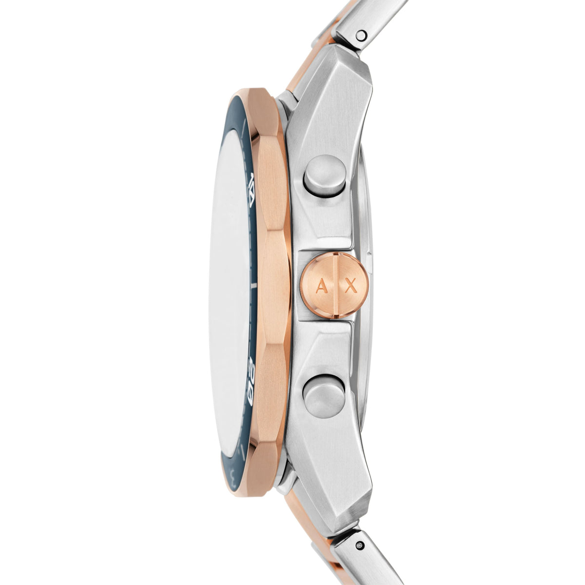 Side profile of AX1965 two-tone chronograph watch showing case thickness and pushers