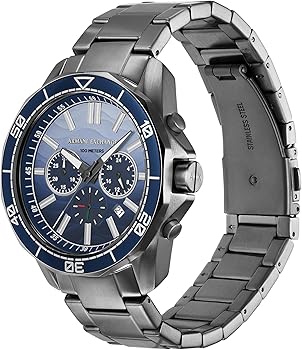 Side profile view of AX1967 with blue bezel and gunmetal steel bracelet showing chronograph subdials