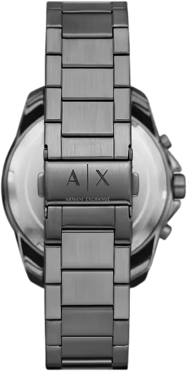 Caseback view of Armani Exchange AX1967 with gunmetal stainless steel bracelet attached