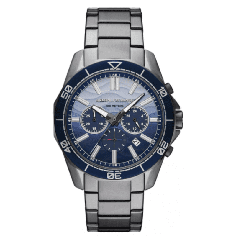 Armani Exchange AX1967 chronograph watch with blue dial and gunmetal stainless steel bracelet