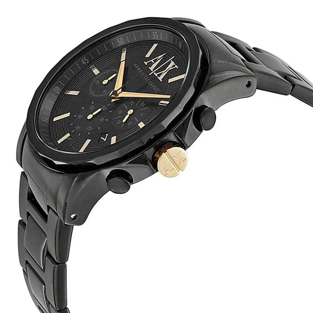 Armani Exchange AX2094 watch angled view showing black stainless steel case and bracelet