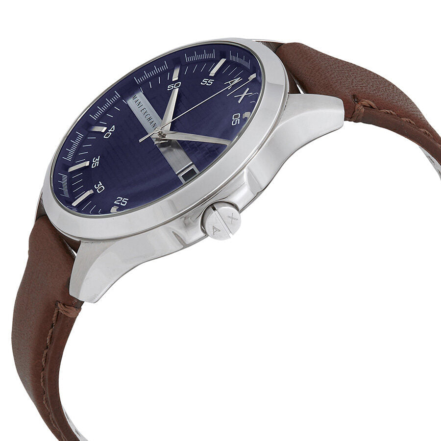 Armani Exchange AX2133 watch angled view showing navy dial and brown leather strap on wrist angle