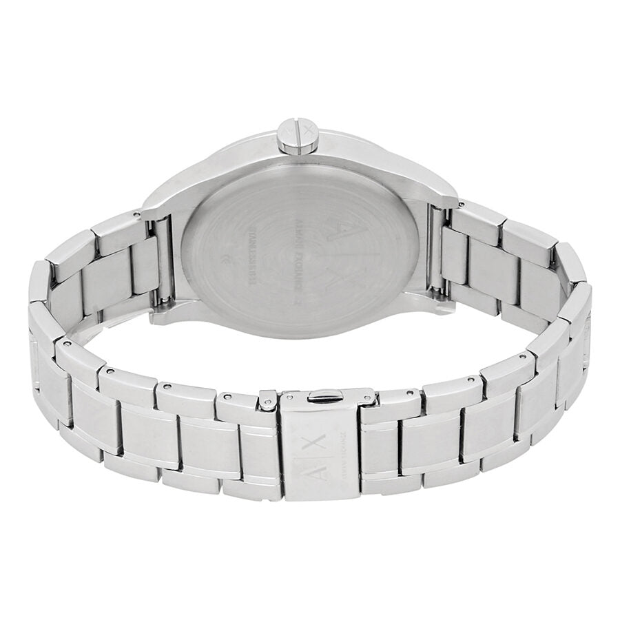 Armani Exchange AX2320 watch caseback view showing silver stainless steel bracelet