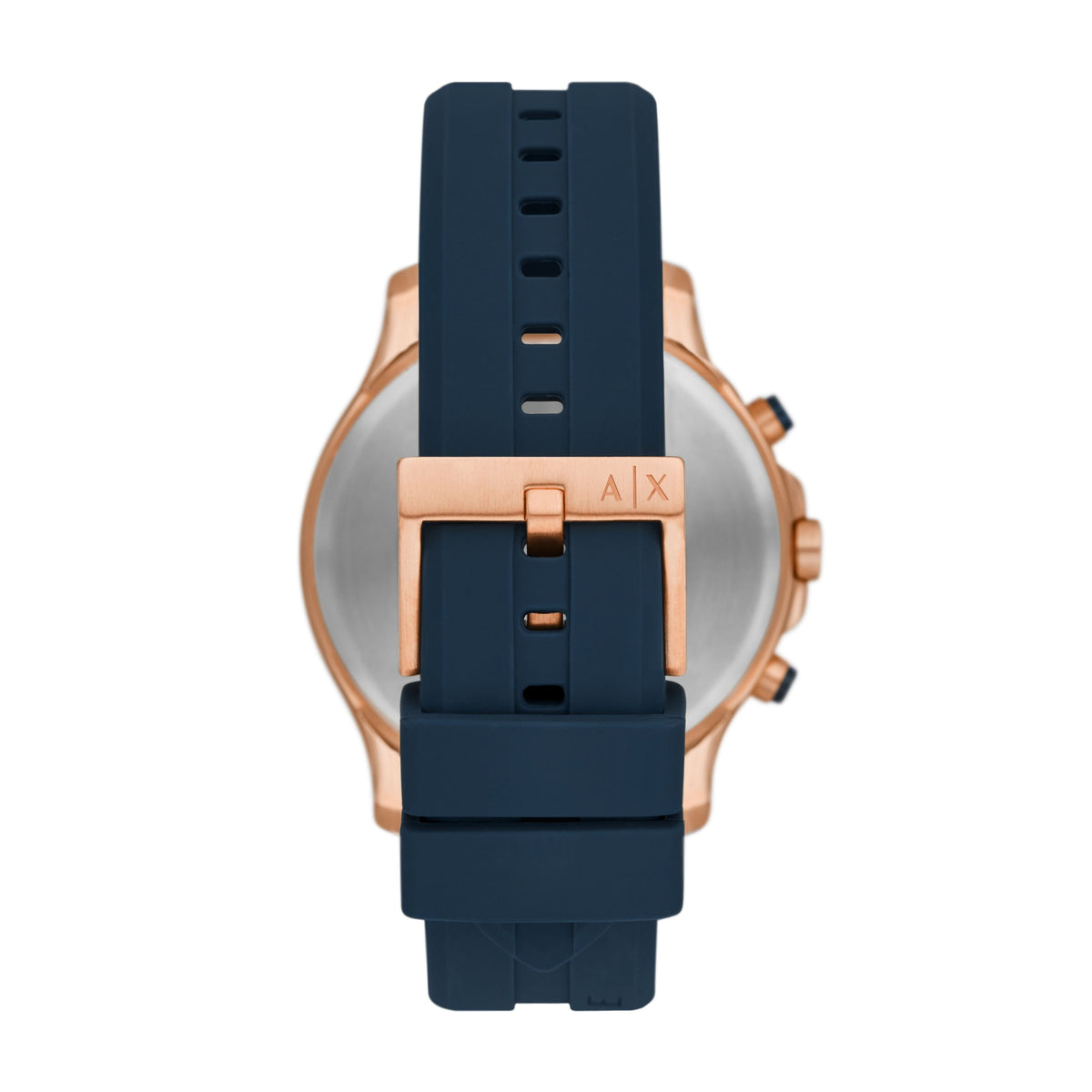 Armani Exchange AX2440 watch caseback showing rose gold case and blue rubber strap
