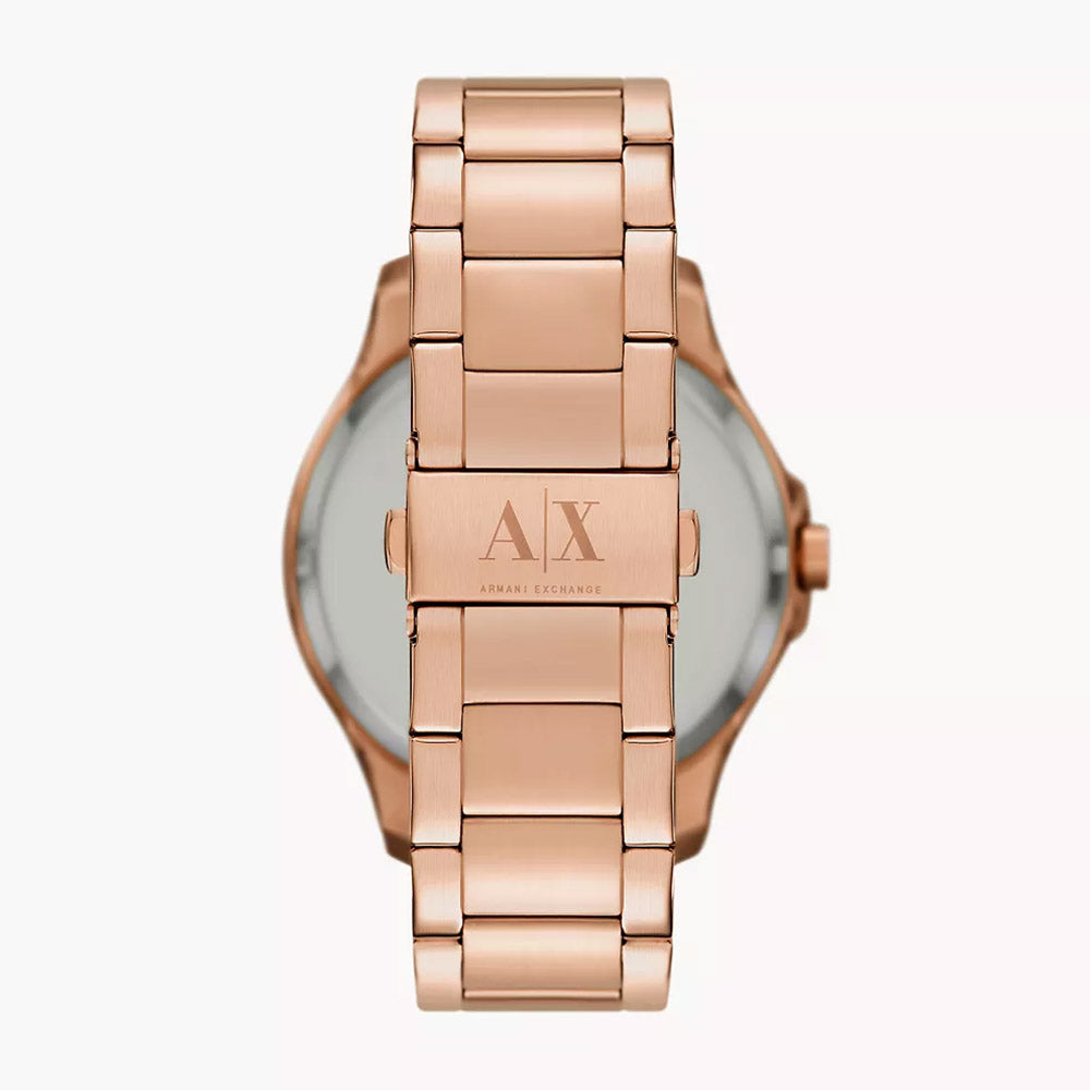 Caseback of Armani Exchange AX2449 showing AX logo and rose gold bracelet