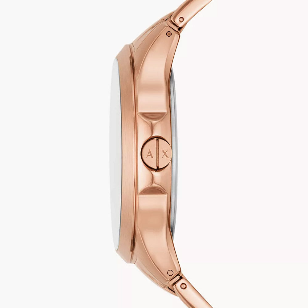 Side profile of Armani Exchange AX2449 showing rose gold case and bracelet