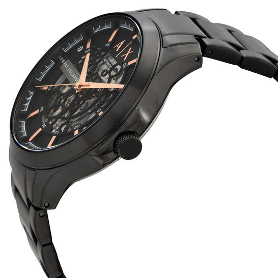 Armani Exchange AX2458 automatic skeleton watch worn on wrist showing black dial and rose gold details