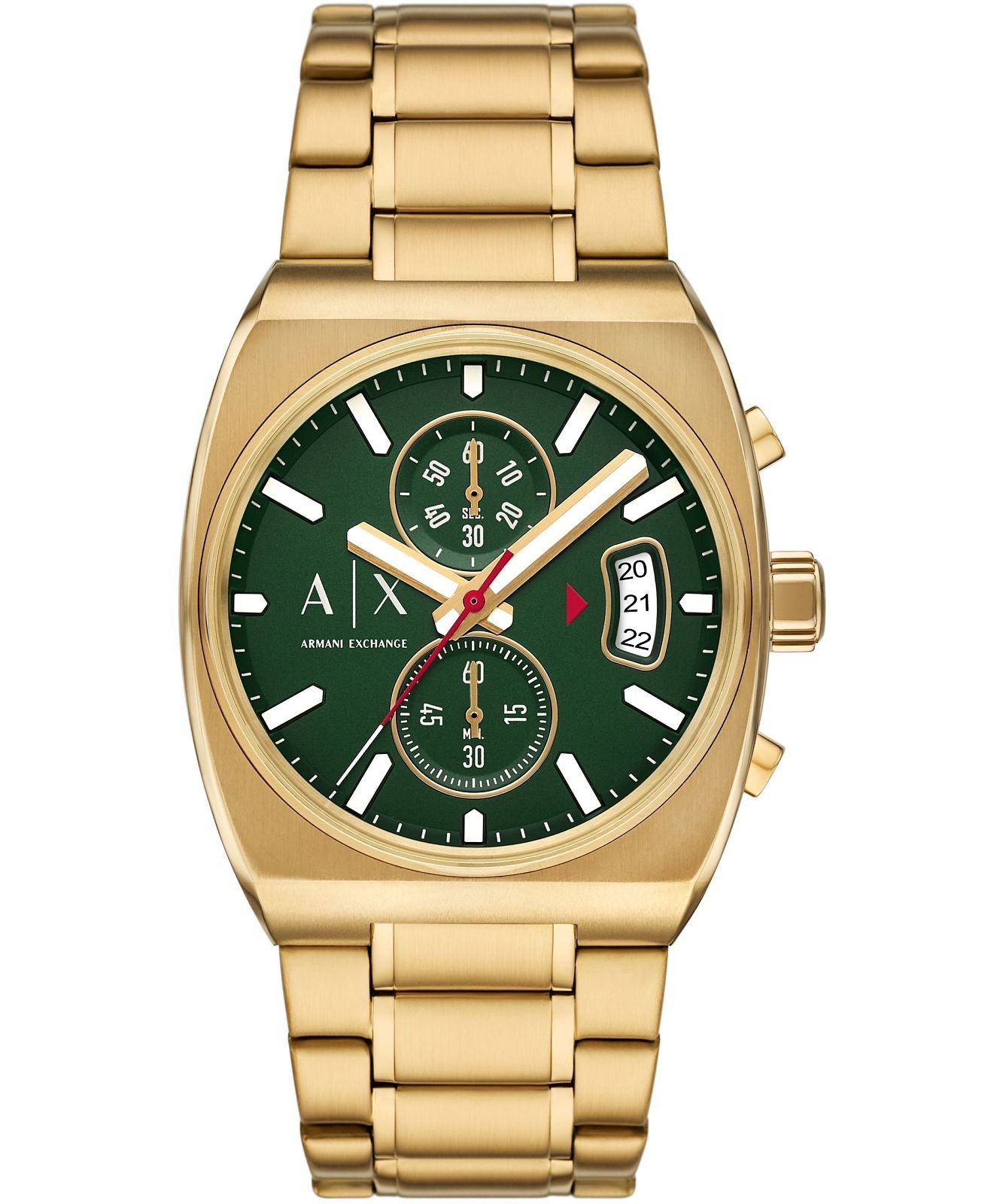 Armani Exchange AX2822 gold multifunction watch with green dial and chronograph subdials