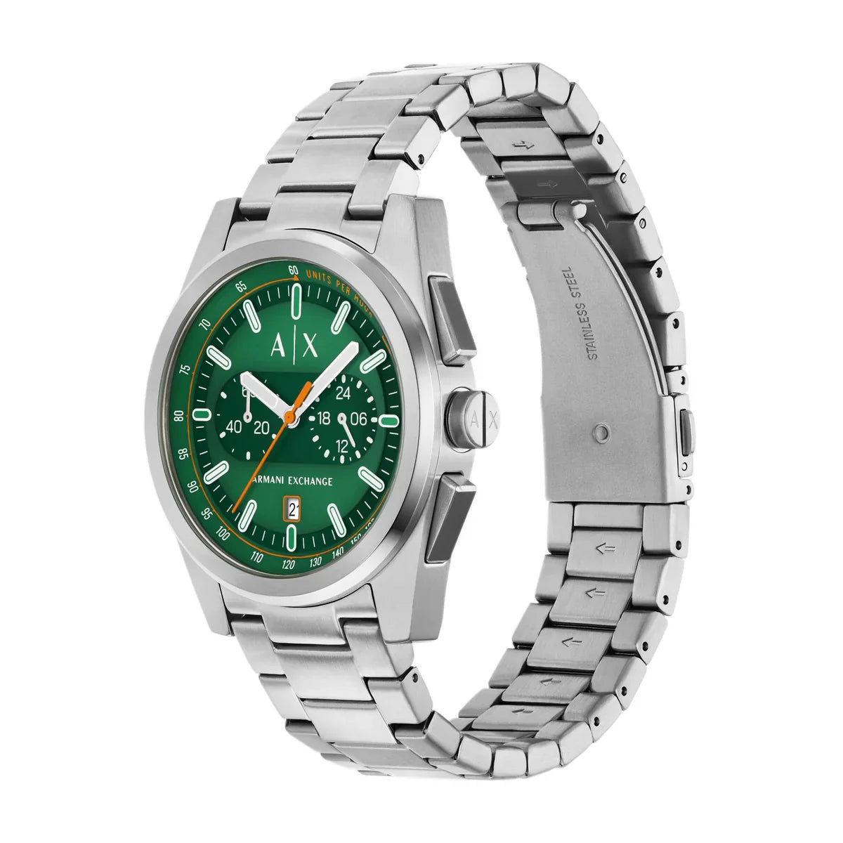 Armani Exchange AX2862 chronograph watch angled view showing green dial and silver bracelet