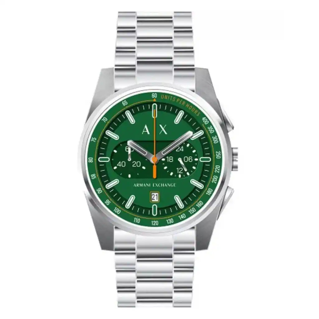 Armani Exchange AX2862 men's watch with green dial and silver stainless steel case and bracelet