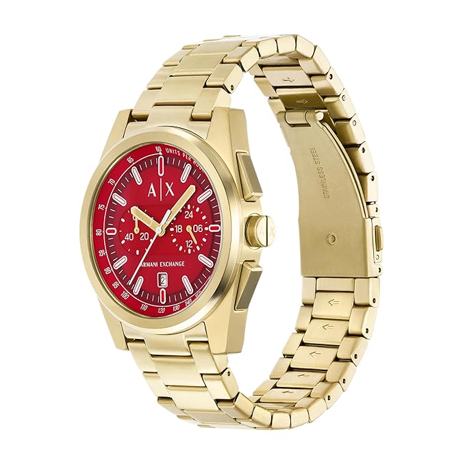 AX2863 watch with gold bracelet shown from angled side view