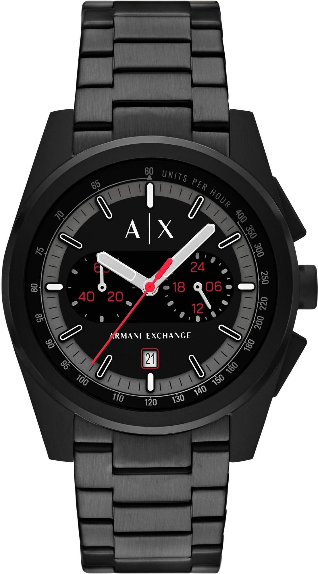 Armani Exchange AX2864 black chronograph watch with black dial, white indices and red accents on metal bracelet