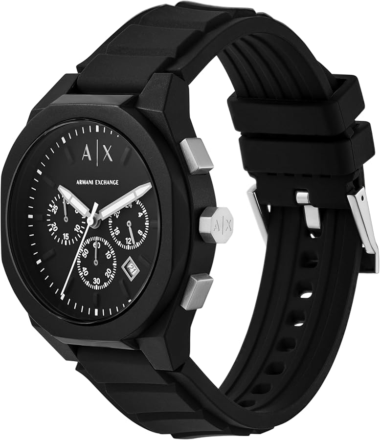 Armani Exchange AX4161 chronograph watch on wrist showing black silicone strap