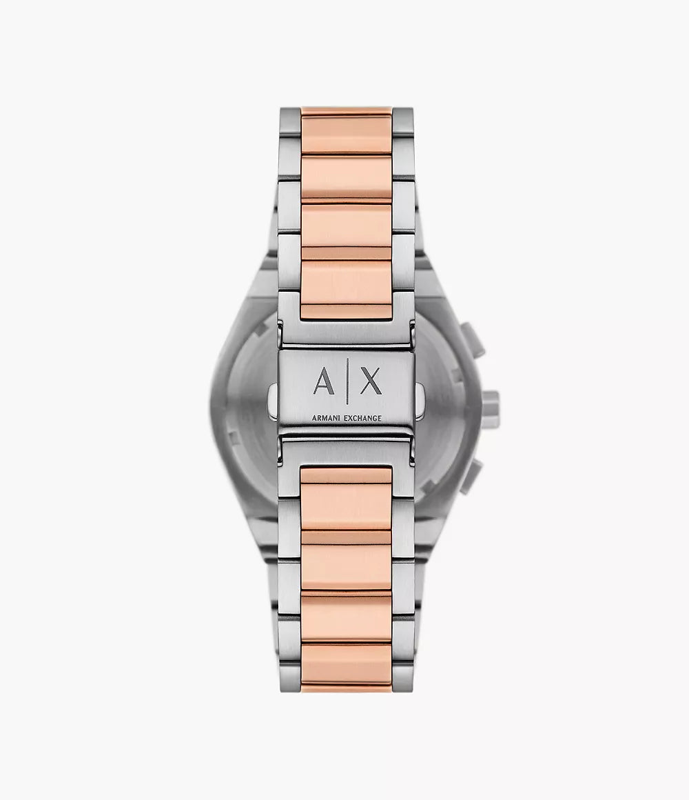 Armani Exchange AX4181 case back view showing watch back and rose gold bracelet