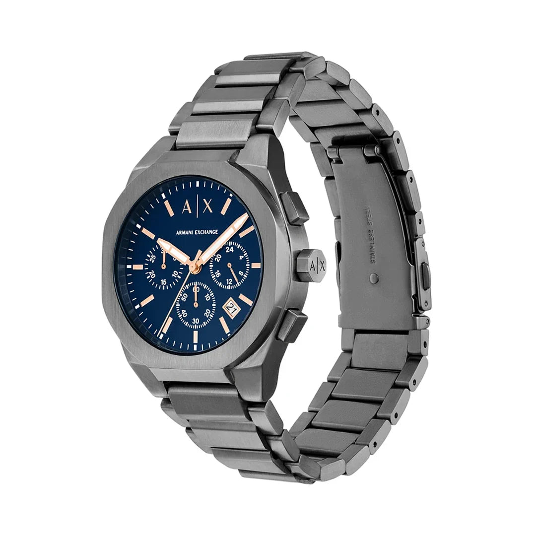 Armani Exchange AX4182 men's chronograph watch angled view showing blue dial and bracelet