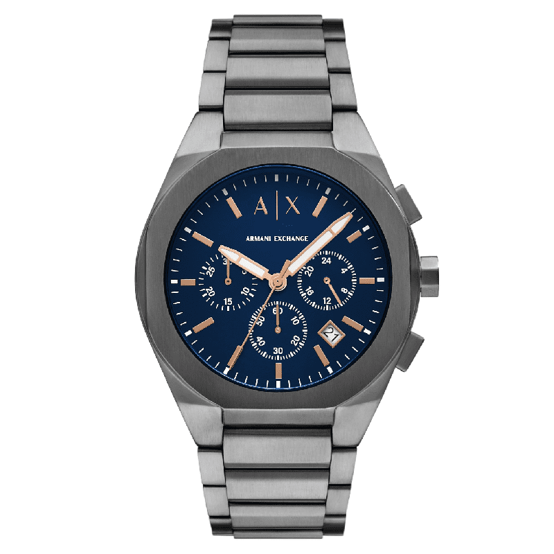 Armani Exchange AX4182 chronograph watch with blue dial and stainless steel bracelet, front view