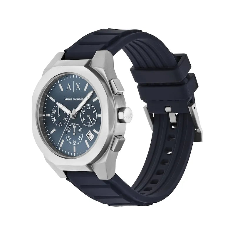 Armani Exchange AX4185 chronograph at angle with blue dial and navy strap