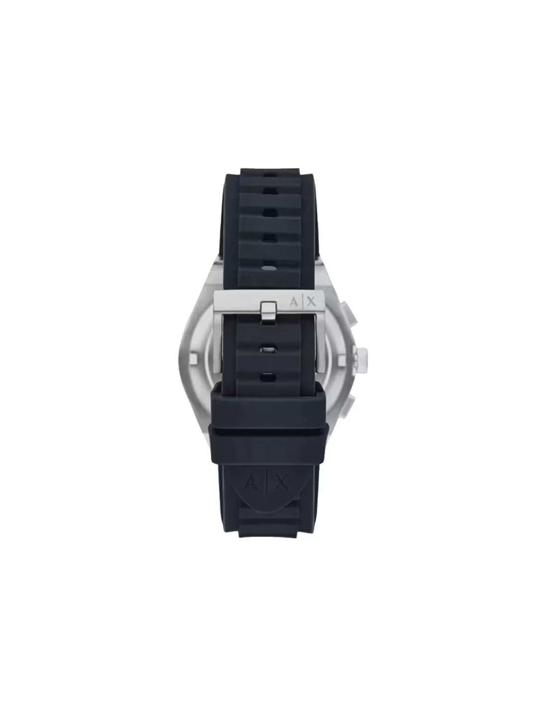 AX4185 watch caseback showing stainless steel case and navy silicone strap