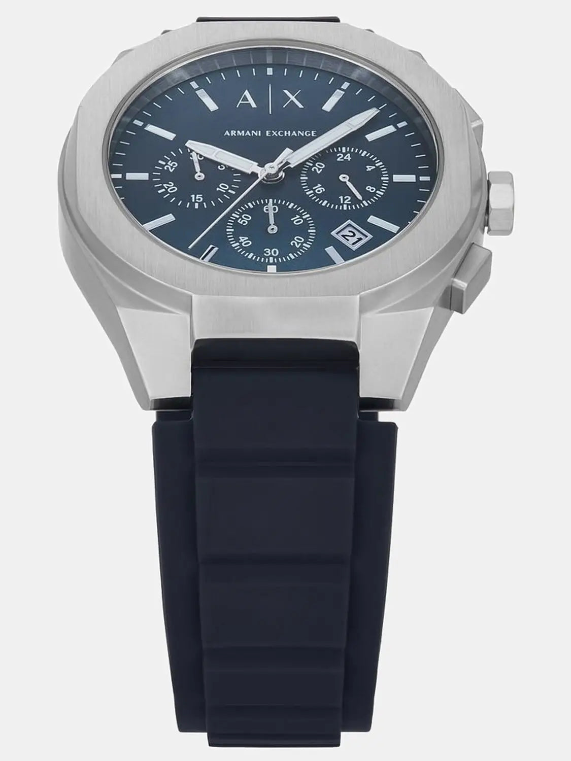 AX4185 blue dial detail with chronograph subdials, markers, and date window