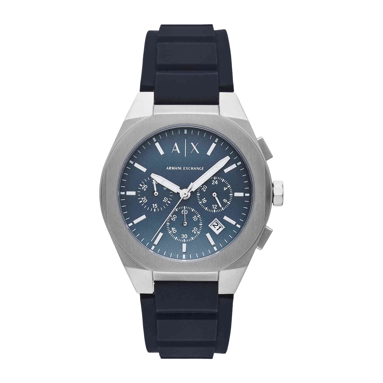 Armani Exchange AX4185 chronograph watch with blue dial and navy silicone strap